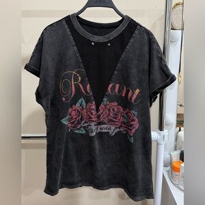 Shein Grunge Graphic Tee Mesh Panel Rock Roses Acid Wash T-Shirt Size S
